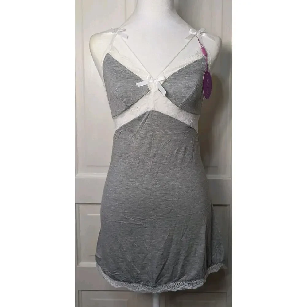 Avidlove Lace Feminine Babydoll Nightgown Grey Bow Small (792) - Picture 1 of 4